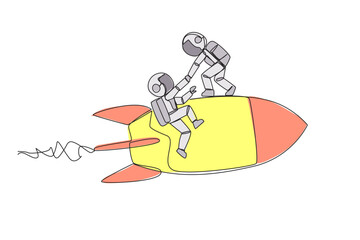 Poster - single continuous line drawing astronaut helps colleague climb flying rocket. metaphor help in manag