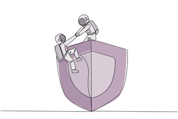 Poster - Continuous one line drawing young astronaut helps colleague climbs big shield. Teamwork keeps colleagues safe from evil astronaut. Helping each other. Single line draw design vector illustration