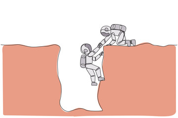 Poster - Single one line drawing young astronaut helps colleague climbing a wide hole. Teamwork helps colleague who fallen. Inviting success together. Cohesive. Continuous line design graphic illustration