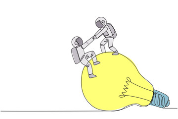 Poster - single continuous line drawing young astronaut helps colleague climb the big lightbulb. metaphor rel