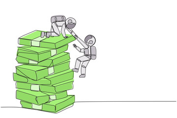 Poster - Single one line drawing young astronaut helping colleague climb a large pile of banknotes. Contagious success. Share tips for success. Teamwork bonus. Continuous line design graphic illustration