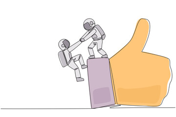 Poster - Continuous one line drawing astronaut helps colleague climb big finger gesture thumbs up. Working together towards success. Positive vibes. Cohesiveness. Single line draw design vector illustration