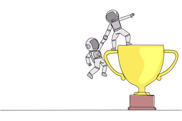 Poster - continuous one line drawing astronaut helps colleague climb the big trophy. achievement that cannot 