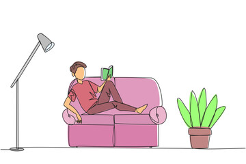Poster - single continuous line drawing man sitting stretched out on the sofa reading book. really like the c