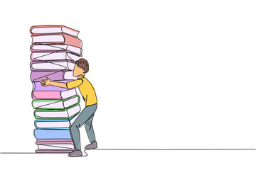 Poster - Single continuous line drawing man hugging a very high pile of books. Hobby to collecting and reading books. Filling free time with useful things. Loving read. One line design vector illustration