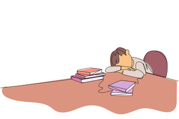 Poster - Continuous one line drawing man asleep at the table where there were piles of books. Tired after successfully finish the favorite reading book. Love read. Single line draw design vector illustration