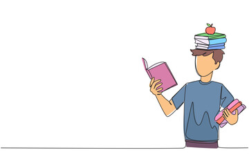 Poster - single one line drawing man reading book practicing balance. stack books on top of head along with t