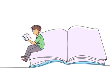 Poster - Continuous one line drawing serious man sitting on the edge of a large open book. Study before exam time arrives. Read textbooks with focus. Reading is fun. Single line draw design vector illustration