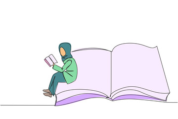 Poster - single one line drawing arabian woman sitting on the edge of a large open book. study before exam ti