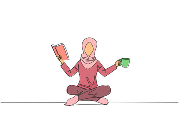 Poster - single continuous line drawing arabian woman sitting cross-legged reading book. accompanied by mug o
