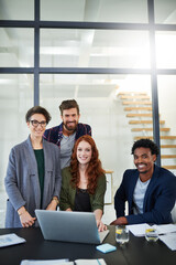 Wall Mural - Portrait, teamwork or business people in startup for solution, conversation or group discussion. Laptop, diversity or happy designers in office meeting for planning, feedback or online collaboration