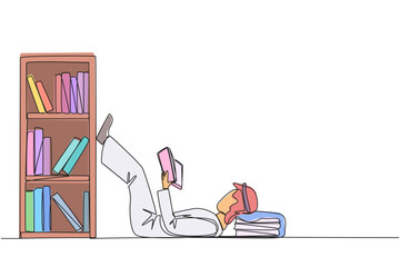 Poster - Continuous one line drawing Arab man lying on back reading fiction story book near bookcase. Read slowly to enjoy the storyline. Hobby reading. Very good habit. Single line design vector illustration