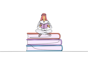 Poster - Single one line drawing Arab man sitting cross-legged on pile of large books. Read comic. Read textbook. Read scientific journal. Reading increase insight. Continuous line design graphic illustration