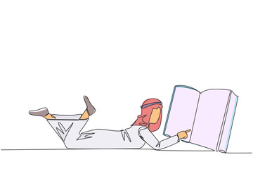 Poster - Single continuous line drawing Arab man lying on his stomach reading big book. Enjoy reading books in a variety of styles. Reading increases insight. Love reading. One line design vector illustration