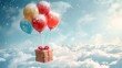 Party present box flying in the sky with bunch of balloons floating