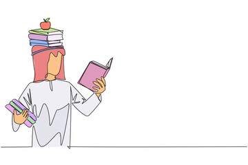 Poster - single continuous line drawing arabian man reading book practicing balance. stack books on top of he
