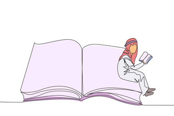 Poster - single one line drawing arabian man sitting on the edge of a large open book. study before exam time