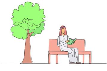 Poster - Single one line drawing Arabian man sitting on park bench reading book. Learn by re-reading textbook. Read to get maximum marks. Reading increase insight. Continuous line design graphic illustration