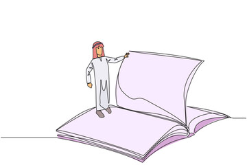 Poster - Single continuous line drawing Arab man standing over open ledger turning the pages. Read slowly to understand the contents of each page. Reading increases insight. One line design vector illustration
