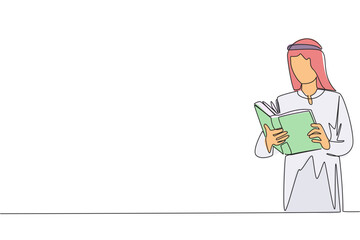 Poster - continuous one line drawing arab man focus on reading. try to find answer to the tasks given. seek m