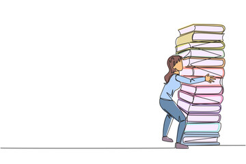 Poster - continuous one line drawing woman hugging very high pile of books. hobby to collecting and reading b