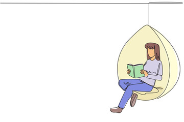 Poster - single one line drawing woman sitting relaxed in a hanging chair reading a book. spending the weeken