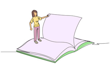 Poster - continuous one line drawing woman standing over open ledger turning the page. read slowly to underst