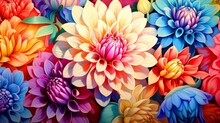 Close Up Of Vibrant, Multi Colored Flowers With Detailed Petals In Various Stages Of Bloom Against A Colorful Background