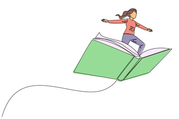 Poster - single continuous line drawing woman standing on large flying open book. like riding a cloud, able t