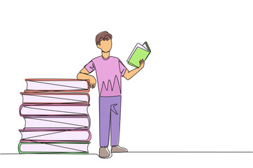Poster - single continuous line drawing clever man standing reading a book while leaning against a pile of la