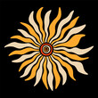 Stylized colorful flower with beige and yellow petals isolated on black background. Red, yellow and orange colors. Minimalistic graphic print. Vector color illustration.