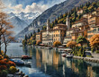 Watercolor sketch of a Mediterranean traditional town. Old building and snow capped mountains reflected in lake. Dramatic AI generated landscape. Digital illustration. CG Artwork Background