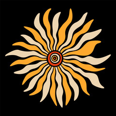 Wall Mural - Stylized colorful flower with beige and yellow petals isolated on black background. Red, yellow and orange colors. Minimalistic graphic print. Vector color illustration.