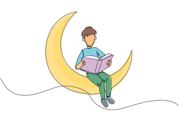 Poster - Single one line drawing man sitting on crescent moon reading a book. Metaphor of reading a fairy story before sleeping. Read until late. Love reading. Continuous line design graphic illustration