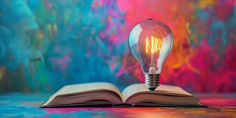 Poster - Glowing Light Bulb Hovering over a Colorful Textbook Symbolizing the Beauty and Excitement of Acquiring New Knowledge