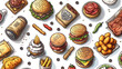 doodle of a variety of Fast food items, such as Hamburger , French fried , chicken nugget, Sandwitch with vegetable, beef steak, and ice cream