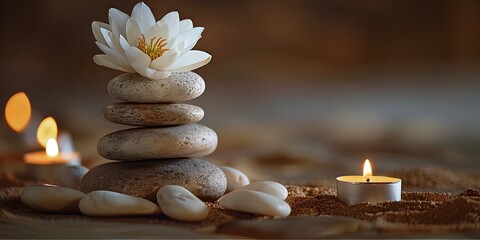 Canvas Print - Tranquil Zen Stones Floral Bloom and Warm Candlelight Set Against a Peaceful Beige Backdrop