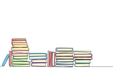 Poster - Continuous one line drawing lots of books piled up. Packaged after being brought from the book festival. Books to read while in space. Study. Fiction. Single line draw design vector illustration