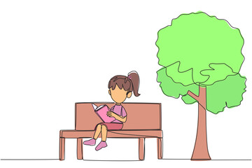 Poster - Single continuous line drawing girl sitting on school park bench reading book. Learn by re-reading textbook. Read to get maximum marks. Reading increase insight. One line design vector illustration