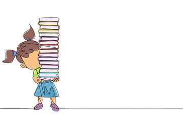 Poster - continuous one line drawing girl carrying tall stack of books covering herself. newly purchased book