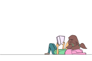 Poster - Single one line drawing girl lying on back reading book. Reading favorite comic. Big fan of fiction books. Enjoy the storyline. Reading increases insight. Continuous line design graphic illustration