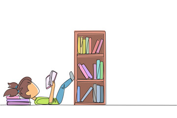 Poster - Single one line drawing girl lying on back reading fiction story book near bookcase. Read slowly to enjoy the storyline. Hobby reading. Very good habit. Continuous line design graphic illustration