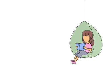 Poster - continuous one line drawing girl sitting relaxed in a hanging chair reading a book. spending the wee