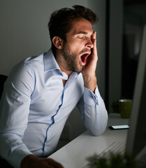Poster - Business man, tired and yawn at desk with computer for programming, coding at night and burnout in IT. Working late, fatigue or bored with sleepy programmer, deadline or overtime for software upgrade