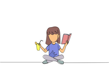 Poster - Single continuous line drawing girl sitting cross-legged reading book. Accompanied by glass of orange juice to make reading more interesting. Knowledge. Freshness. One line design vector illustration