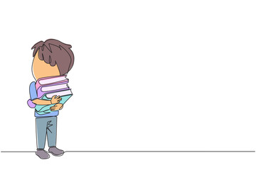 Poster - single continuous line drawing boy standing hugging some books. favorite book that finish reading. s