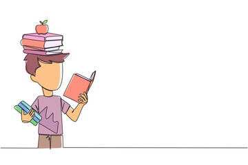Poster - single one line drawing boy reading a book practicing balance. stack books on top of head along with