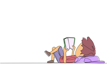 Poster - single continuous line drawing boy lying on back reading book. reading favorite comic. big fan of fi
