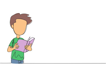 Poster - Single one line drawing boy focused on reading. Try to find answers to the tasks given. Seek more knowledge. Reading increases insight. Happy reading. Continuous line design graphic illustration