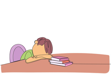 Poster - Single continuous line drawing boy asleep at the table where there were piles of books. Tired after successfully finishing the favorite reading book. Love read. One line design vector illustration